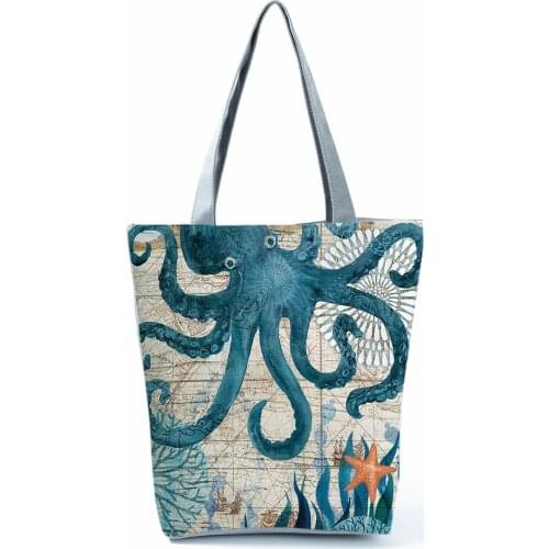 Octopus Painting Printed Shoulder Bag Retro All-Match Womens Bag Fashion Handbags High Capacity Shopping Bag Portable Beach Bag