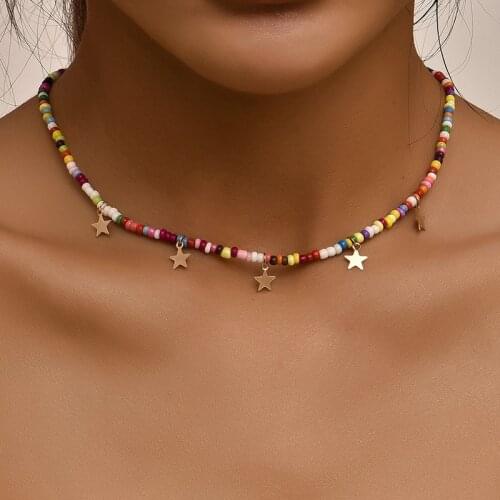 Bohemian Vintage Colorful Beads Chain Necklace For Women Tassel Star Pendant Necklaces Fashion Jewelry Handmade Collar