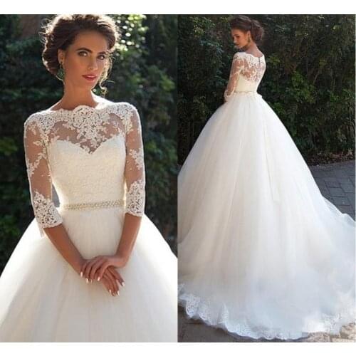 Vintage Lace Ball Gown Wedding Dresses 2020 vestido de noiva Sheer Illusion Back Bridal Gowns With Sleeves Custom Made trouwjurk