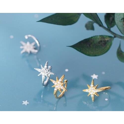 No pierced) 9MM SMALL Real. 925 Sterling Silver jewelry White /GOLDS Stars Zirconia Clip Earrings jewelry GTLE2731