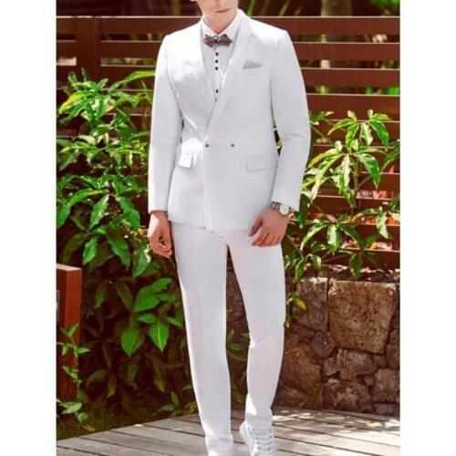 Elegant Double Breasted White Men Suits Men Tuxedos For Wedding/Dinner Party/Prom Men Suit Sets (Jacket+Pants+Bow) Tailored