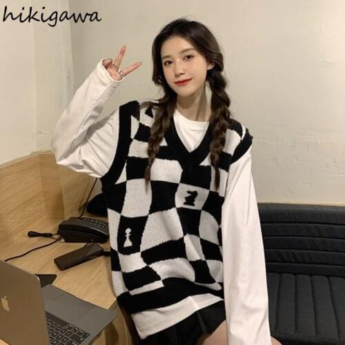 Hikigawa Fashion Sweater Vest Women 2021 Autumn Contrast Color Plaid Knitted Tank Tops Wear V-neck Loose Sleeveless Waistcoat