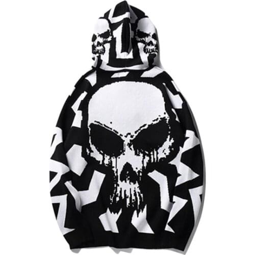Skull Knitted Sweaters Men Hip Hop Jumper with Hood Long Sleeve Pull Male Oversize Hiphop Pullover 2021 Autumn Spring