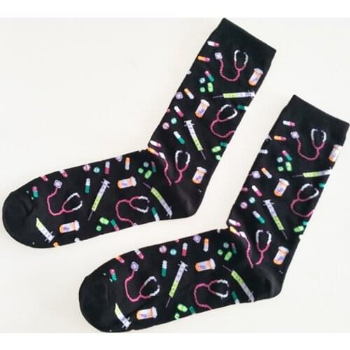Q Womens Socks Sweat-Absorbing European Style Breathable Cotton Mid Tube Socks Black Cartoon Cute Funny Happy kawaii Socks Men