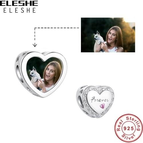 ELESHE Forever Love 925 Sterling Silver Heart Charm Bead Fit Original Bracelet Bangle DIY Custom Photo Fine Jewelry Making