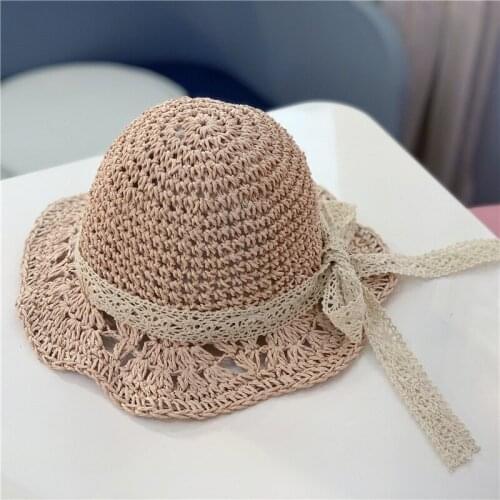 Child Girls Straw hat Bowknot Sun Hats Kids Large Brim Beach Summer Boater Beach Ribbon Round Flat Top1