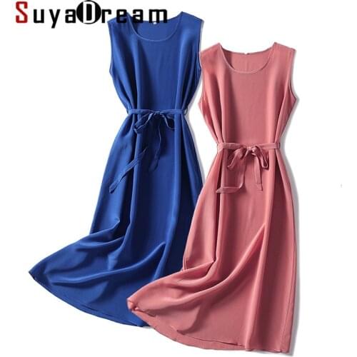 SuyaDream Woman Solid Color Mid Dress 100%Silk Crepe Sleeveless Sashes Dresses 2021 Spring Summer Chic Dresses Green Blue Red