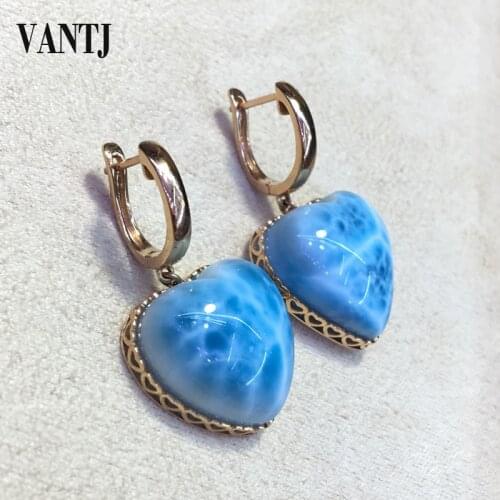 VANTJ Elegant Natural Blue Larimar 10k Gold Earrings Fine Jewelry for Women Lady Party Birthday Wedding Gift With Box