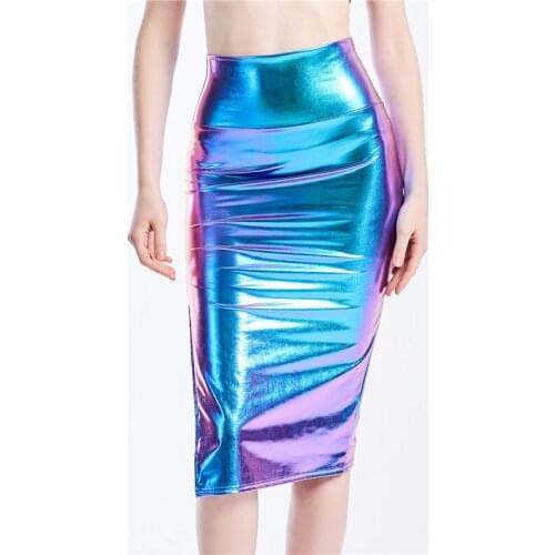 Women Slim Long Holographic Laser Skirt High Waist Split Midi Skirts Office Lady Summer Sexy Knee Length Skirts Streetwear 2020