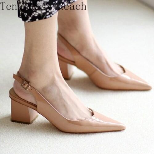 2021 Summer Natural Patent Leather Pointed Toe Chunky High Heels Slingback Retro Solid Beige Color Women Shoes Sandals