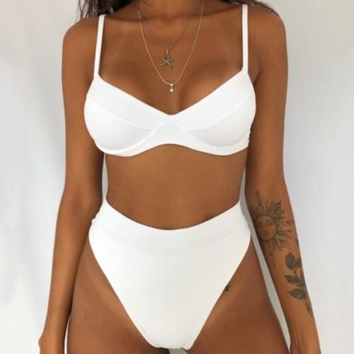 2021 Sexy Women Bikini Set Solid Color Two Piece Swimsuit High Waist White Swimwear Summer Bathing Suit Beachwear