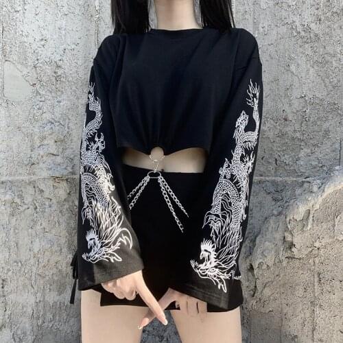 2021 Casual Dragon Print Women Sweatshirt Harajuku Long Sleeve Black Chains Short Pullovers Female