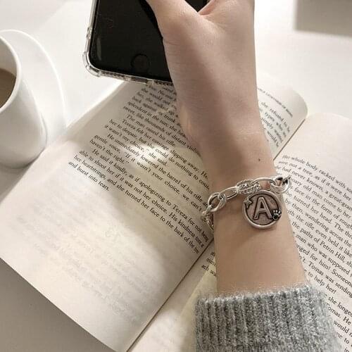 LIVVY Thai Silver Color Letter A Round Pendant Bracelet Women Fashion Vintage Creative Thick Chain Handmade Jewelry Party Gift