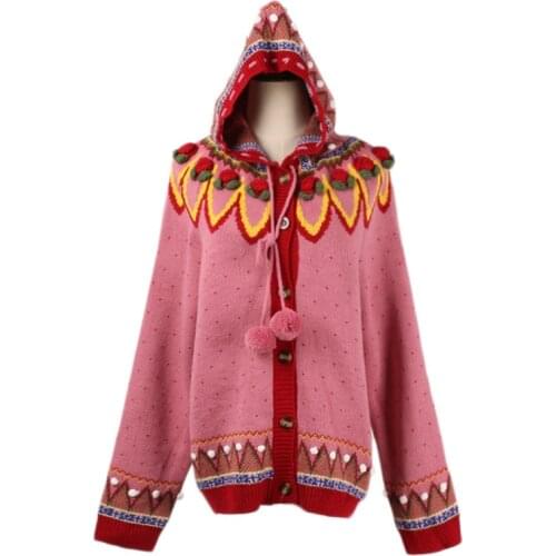 2020 Fall Winter Women Long Sleeve V-neck Strawberry Embroidered Hooded Lace-up Pink Knit Cardigan Red Christmas Coat Oversize