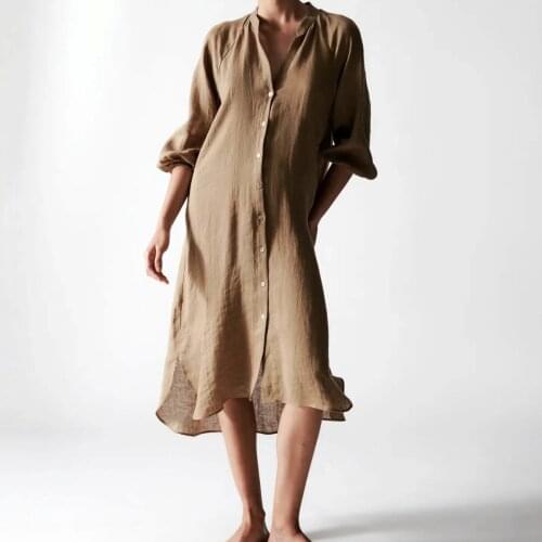 2021 Summer New V-Neck Single Breasted Loose Long Sleeve Linen Dress Women DLQZ1204