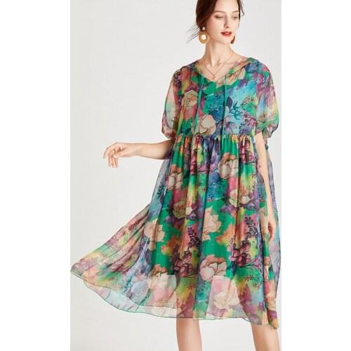 Plus Size Womens Summer New Loose Chiffon Hooded V Neck Dresses Large Size Ladies' High-end Elegant Dress Print Show Thin Dress