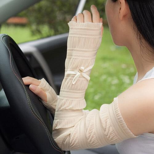 1 Pair Female Long Arm Sleeves Lovely Bow Cool Sun Uv Protection Net Yarn Arm Covers Women Ice Silk Summer Driving Arm Sleeves