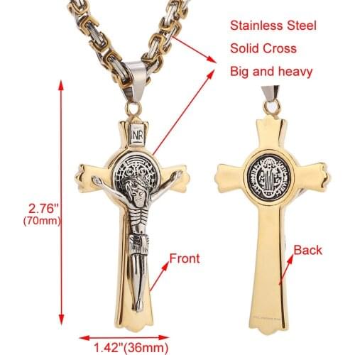 10pcs/Lot Stainless Steel Saint Catholic Benedict Crucifix San Benedicto St Benedict Necklace Crucifix Byzantine Chain