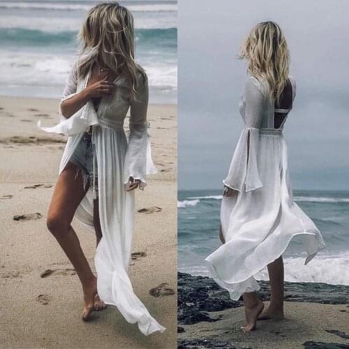 2020 Sexy Women Cover Ups Swimwear White Beach Slit Dresses Cotton Beach Kimono Coverups for Women Swimsuit Cover Up Beach Woman