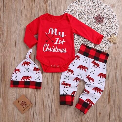 3pcs Baby Romper My 1st Christmas Clothes Set Childrens Clothing Boys Girls Letter Top + Pants + Hat