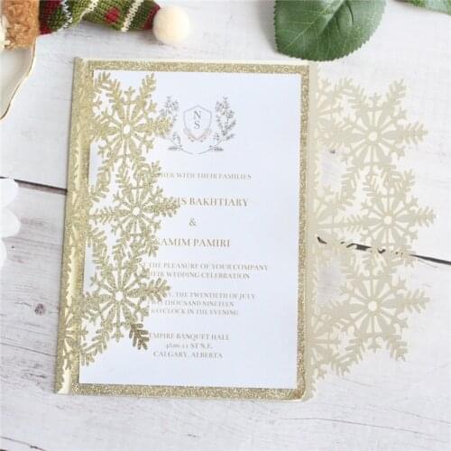 Laser cut snowflake invitations glittery gold silver blue pink customized printing