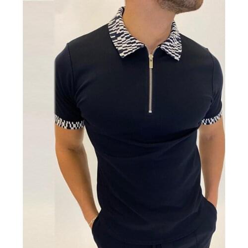 Western Men Top Color Matching Lapel Collar Zipper Ornament Summer Short Sleeve Men Shirt Lapel Zipper Lopo Top for Dating