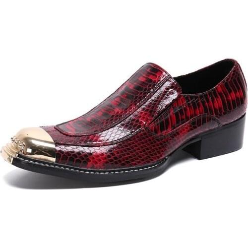 Hot Sale New Red Snakeskin Men Oxford Business Shoes Party Wedding Square Head Slip-On Shoes Office Career Mens Luxury Flats