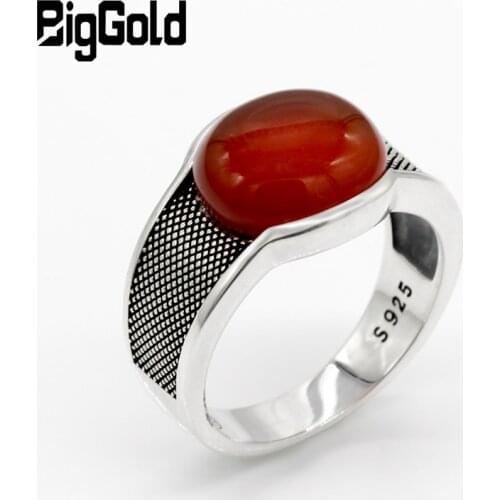 New Natural Agate Stone Ring For Men Solid 925 Sterling Silver Thai Silver Red Semi-precious Stone Men Ring Turkish Jewelry