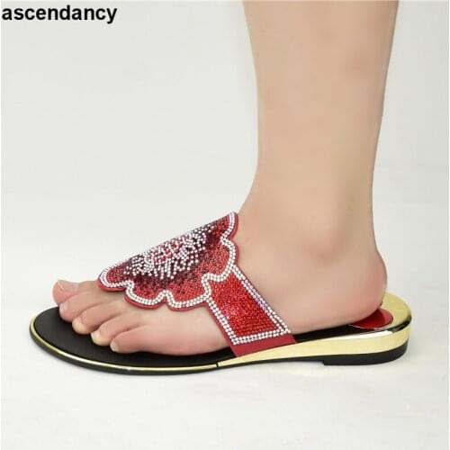 Latest Design African Women Shoes Low Heels Autumn Slipper for Wedding Italian Women Shoes Decorated with Rhinestone Party Shoes