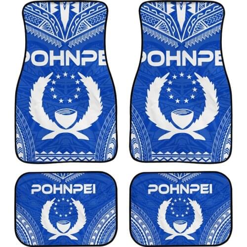 Polynesian Tribal Car Rubber Floor Mat for Sedan SUV Pohnpei Letter Print Blue Universal Auto Interior Accessories Rugs 4 Pcs
