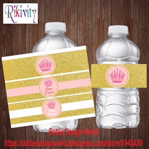 Princess Gold Pink Crown Water Bottle Wine Champagne Labels Candy Bar Wrapper Sticker Baby Shower Birthday Christmas Decoration