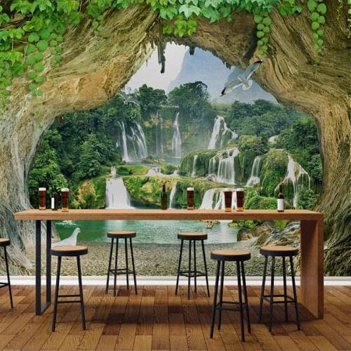 Drop Shipping Custom Cave Waterfall 3D Stereoscopic Scenery Photo Wall Paper For Kitchen Restaurant Bar Wall Decor Wallpaper