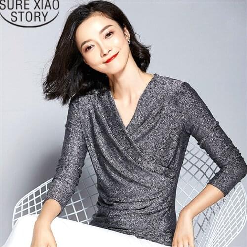 New Long Sleeve Shirt Women Kawaii Office Lady Solid V-Neck Women Blouse Long Sleeve Casual Slim Fit Female Clothing 1822 50