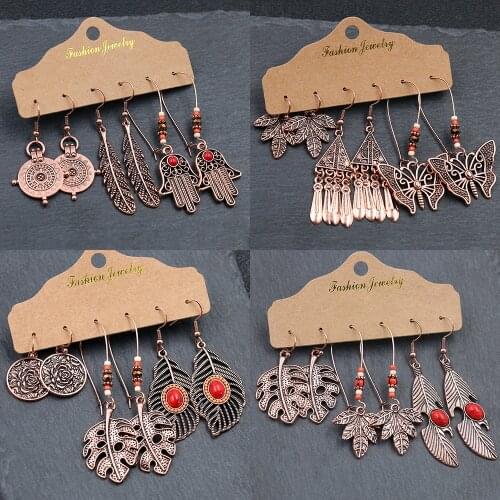 Vintage Metal Leafs Feather Butterfly Palm Drop Earrings Set for Women Boho Handmade Long Earrings Fashion Wedding Jewelry