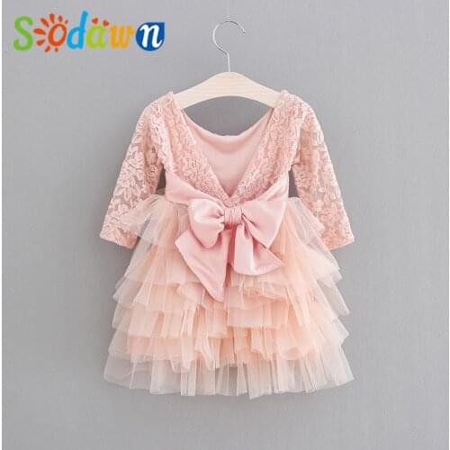 Sodawn 2021 Pink Lace Mesh Dress Layered Dress Princess Dress Long Sleeve Flower Birthday Party Girl Clothes Children Dress