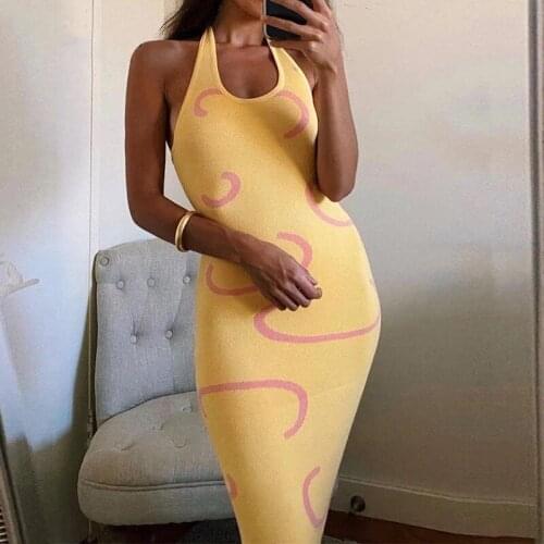 Tinastyle Halter Sexy Kniteed Dress Women Summer Yellow Lace Up V Neck Backless Bodycon Party Dress Vestidos Casual Beach Dress