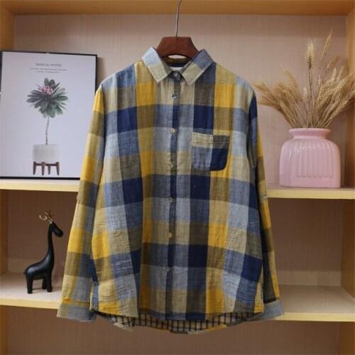 2020 New Autumn Women Cotton Plaid Shirt Literary Vintage Turndown Collar Loose Women Casual Blouse