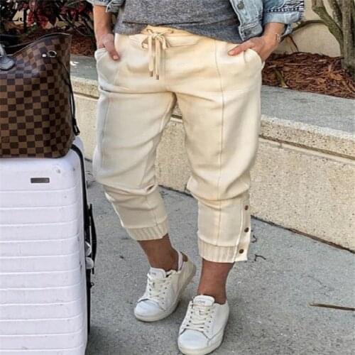 2021 Autumn Drawstring Waist Slim Long Pants Women Elegant Solid Buttons Trousers Winter Retro Pocket Female Sweatpants Harajuku