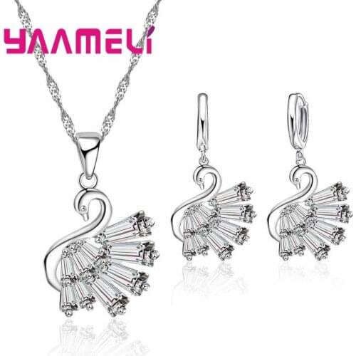 Woman Girls Best Cute Jewelry Set 925 Silver Fashion Lovely Romantic Necklace Earrings Shiny Zircon Accessory