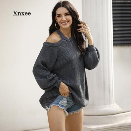 Off Shoulder Sweater Women Casual Loose Knit Winter Solid Halter O-Neck Blouse Tops Lantern Long Sleeve Backless Pullover Jumper