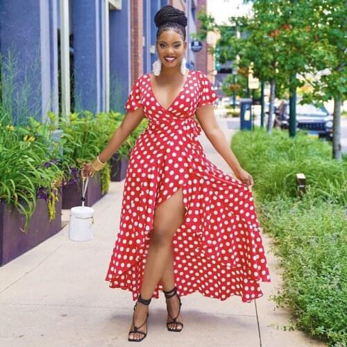 Red White Polka Dot Print Womens Dresses Sexy Deep V Neck Short Sleeve Bohemian Dress Summer Side High Split Holiday Vestidos
