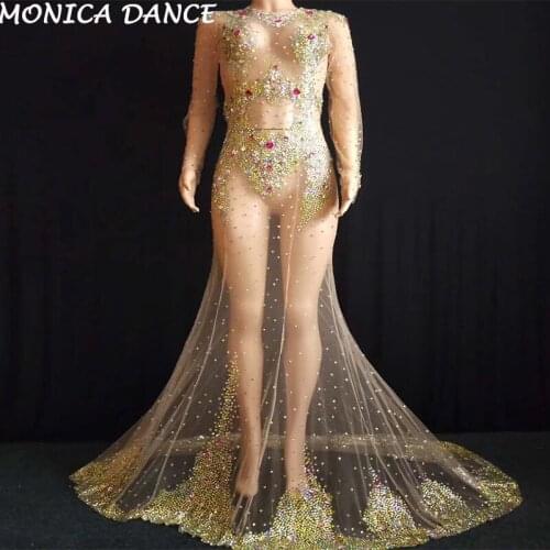 Women Sexy Multi-color Crystals Pespective Long Train Dress luxurious Big Tail Dress Evening Birthday Wedding Celebrate Dress