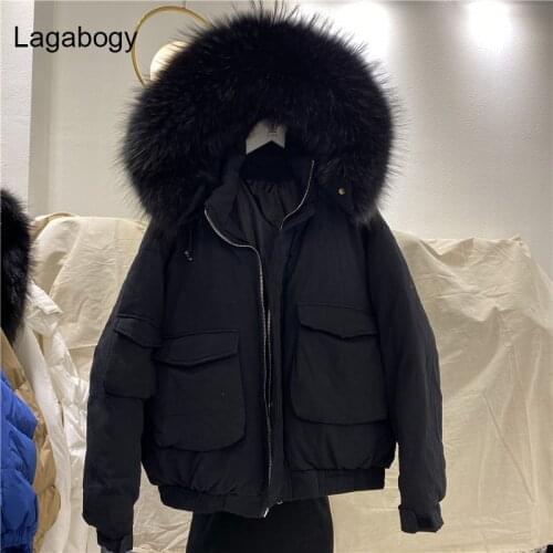 Lagabogy 2021Winter Coat Women Big Raccoon Fur Female Thick Warm Loose Short Parka 90%White Duck Down Jacket Hooded Snow Outwear