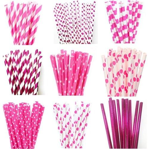25pcs Deep Pink Stripe Heart Paper Straws For Birthday Wedding Decorative Event Party Supplies Environmental Drinking Straws