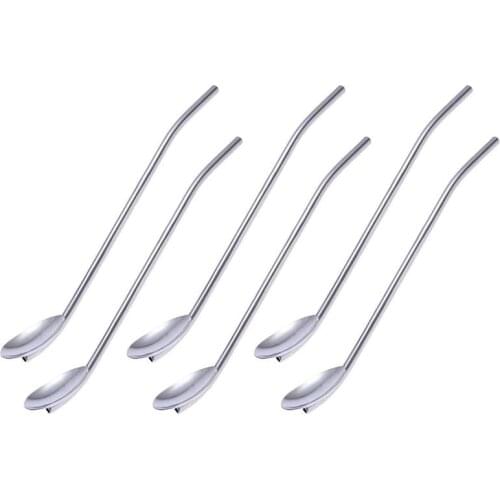 6Pcs Stainless Steel Drinking Straw Spoon Reusable Straws Cocktail Smoothie Stirrer Spoon Tea Tools Bar Accessories