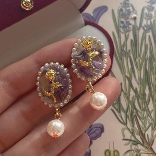 AOMU Romantic Gentle Purple Resin Imitated Pearl Flower Earrings Retro Irregular Geometric Oval Rose Drop Earrings for Women