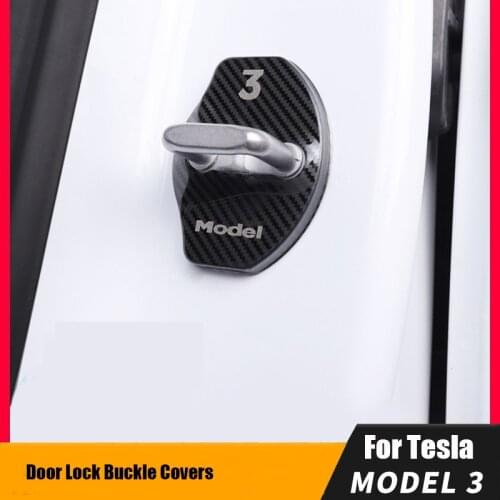 For Tesla Model 3 Stainless Steel Car Door Lock Buckle Cover Door Lock Accessories Carbon Fiber Door Lock Sticker Car Styling