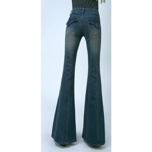 Retro Women Plus Size High Waist Slim Fit Jeans Female Bell Bottom Bootcut Trousers Fashion Ladies Wide Leg Jeans Pants Pockets