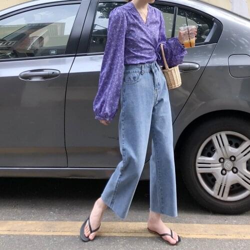 Spring And Summer Jeans Womens New Retro Loose High Waist Button Solid Color Commuter Simple Straight Denim Cropped Trousers