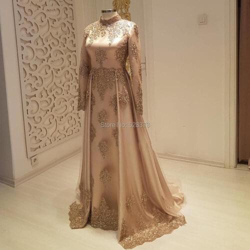 YNQNFS ED20 With Hijab Heavy Beaded Lace Appliqued Elegant Long Sleeve Muslim Evening Gowns Gold Color